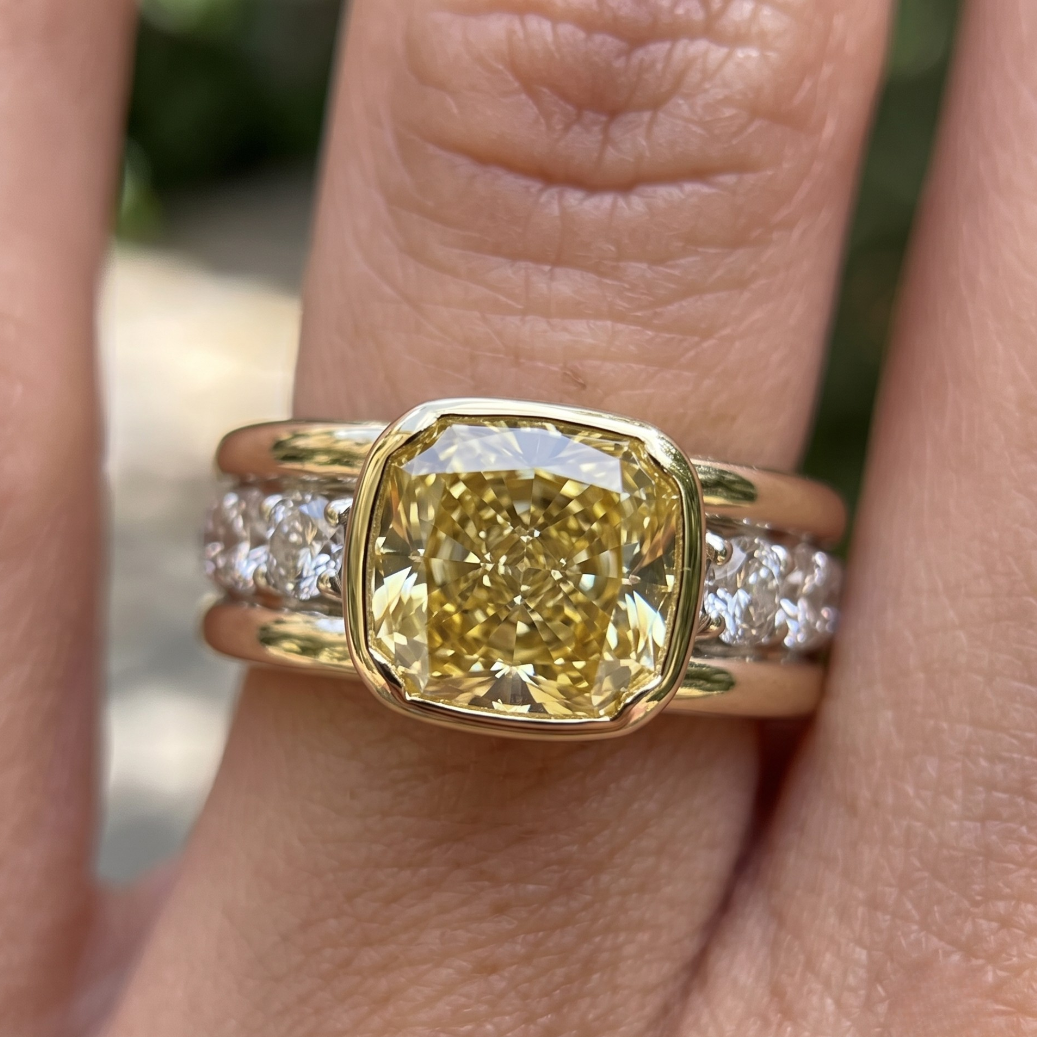 Golden Majesty 3.20 CTW Cushion Yellow Gemstone & Round Diamond Ring