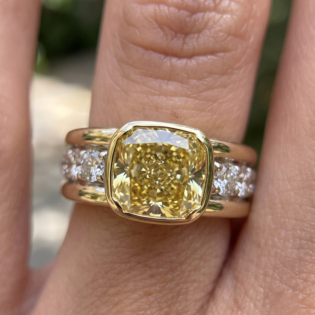 Golden Majesty 3.20 CTW Cushion Yellow Gemstone & Round Diamond Ring