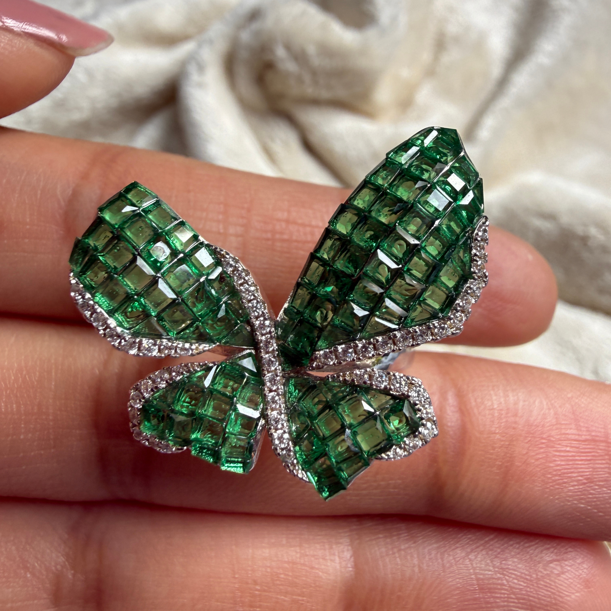 Green CZ butterfly and lab-grown diamond statement ring by Kiashaa Jewellery.
