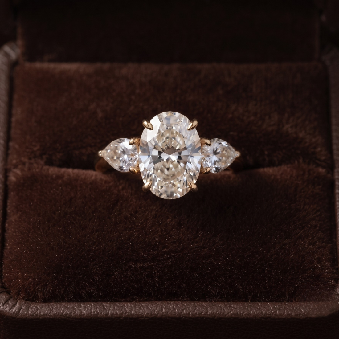A yellow gold ring with a large oval center diamond and two marquise-cut side diamonds, displayed in a dark brown velvet ring box.