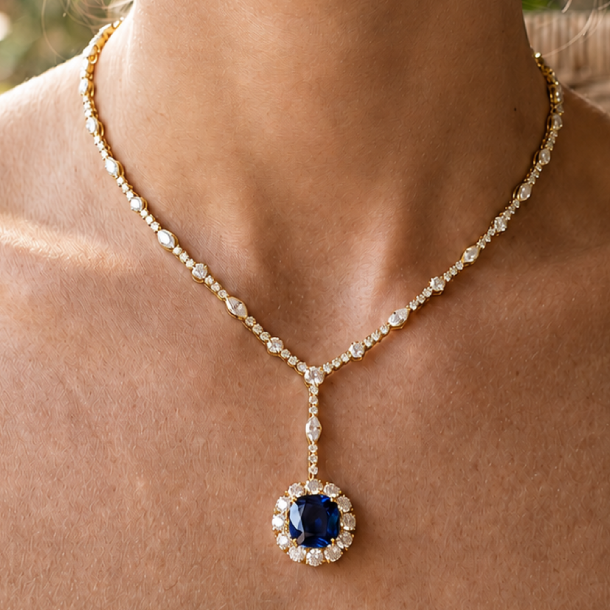 A gold Y-necklace with a large oval blue gemstone pendant, surrounded by small clear stones, worn on a model's neck.