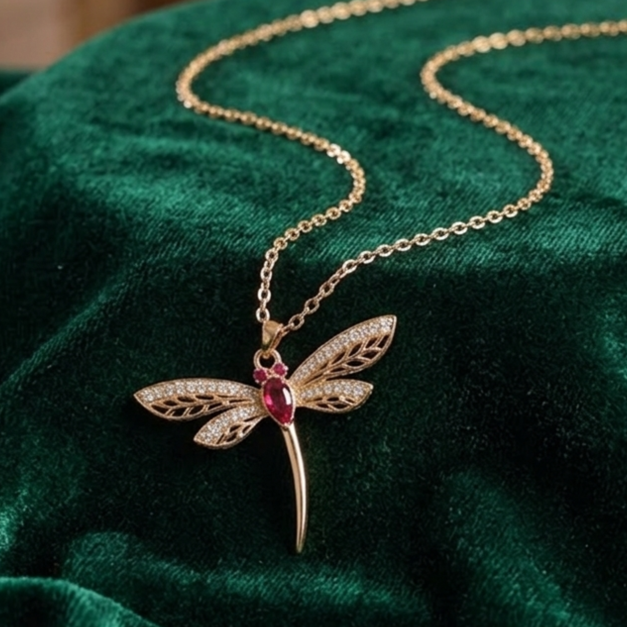 A gold dragonfly pendant necklace with a red gemstone and clear crystal wings, displayed on a dark green velvet fabric background.