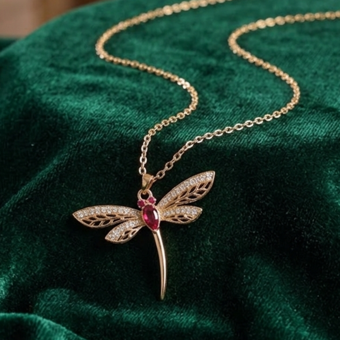 A gold dragonfly pendant necklace with a red gemstone and clear crystal wings, displayed on a dark green velvet fabric background.