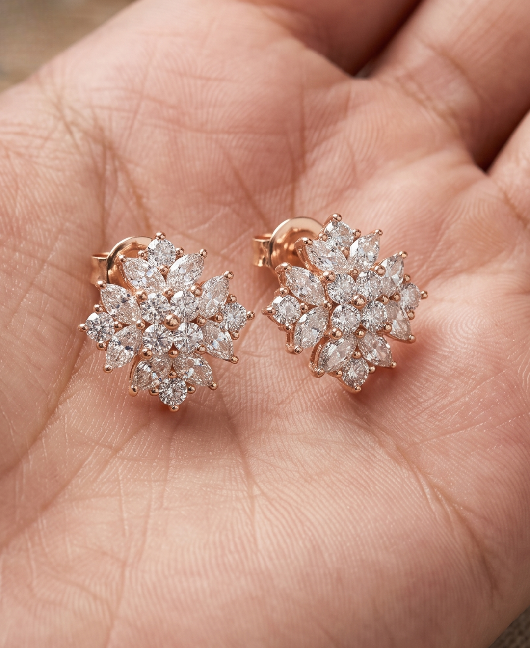 Luxury marquise and round diamond stud earrings by Kiashaa Jewellery for weddings and anniversary gifting.