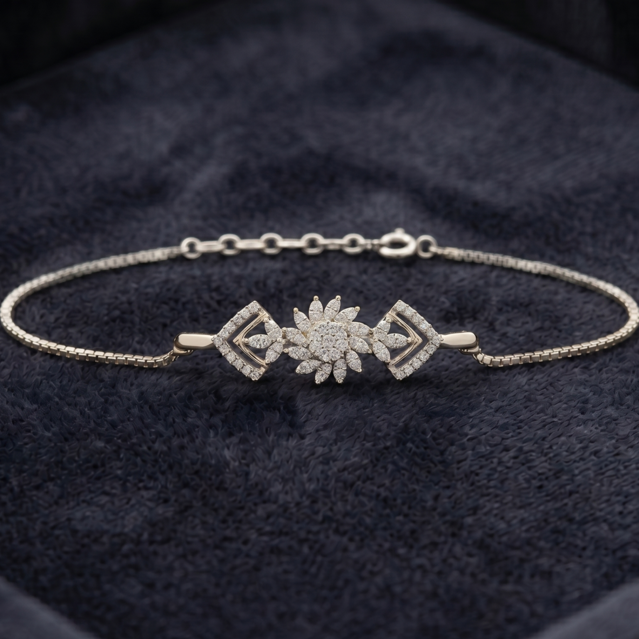 2 CT marquise and round diamond floral bracelet by Kiashaa Jewellery worn on a woman’s wrist.