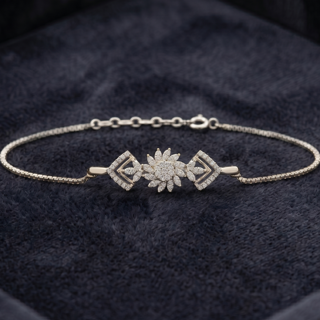 2 CT marquise and round diamond floral bracelet by Kiashaa Jewellery worn on a woman’s wrist.