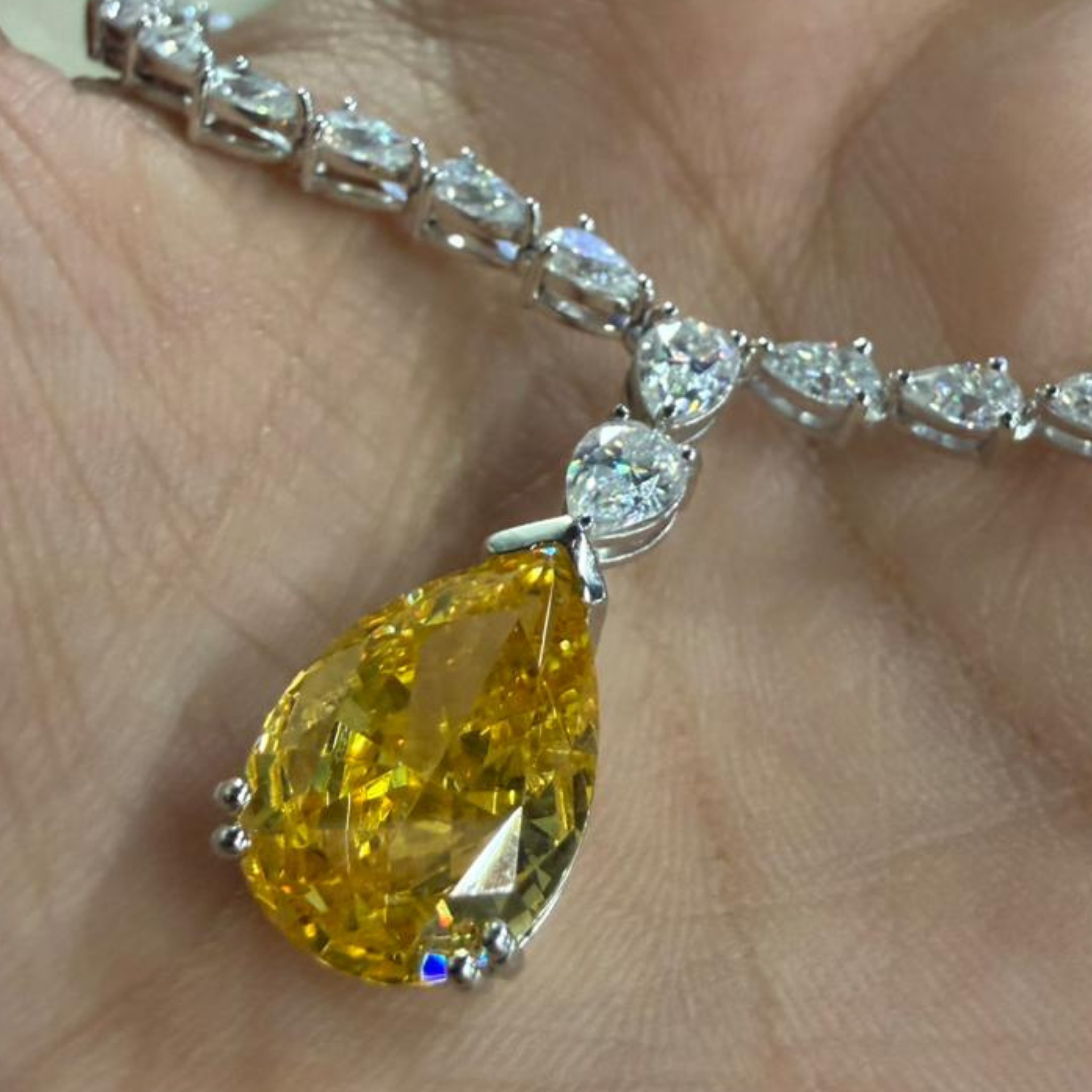 Royal Pear Cascade 27.59 CTW Diamond Tennis Necklace with Yellow Pear Drop in 9K, 14K & 18K Gold
