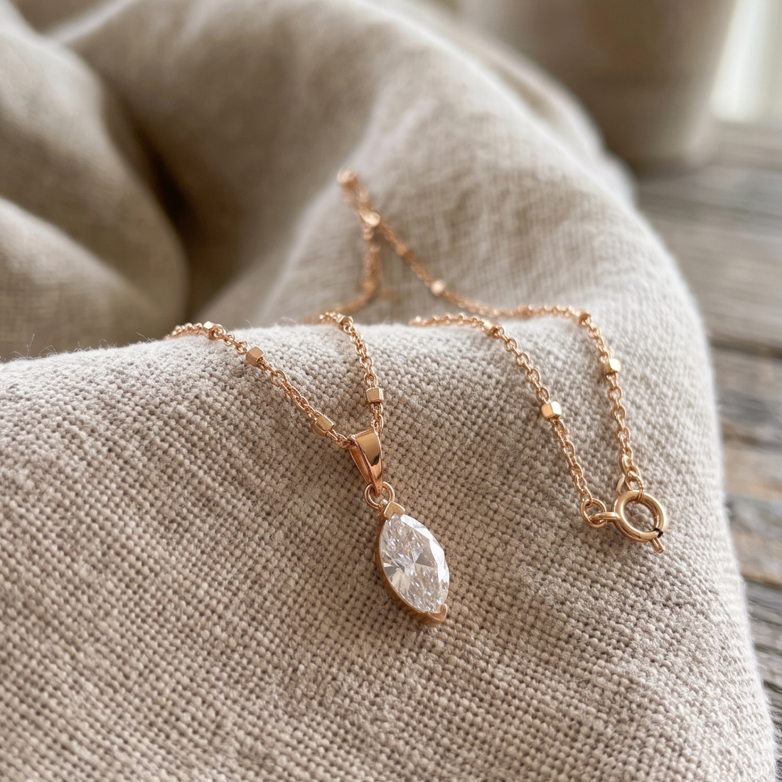Eternal Marquise 0.66 CT solitaire pendant necklace by Kiashaa Jewellery featuring a 9 × 4.5 mm marquise center stone.