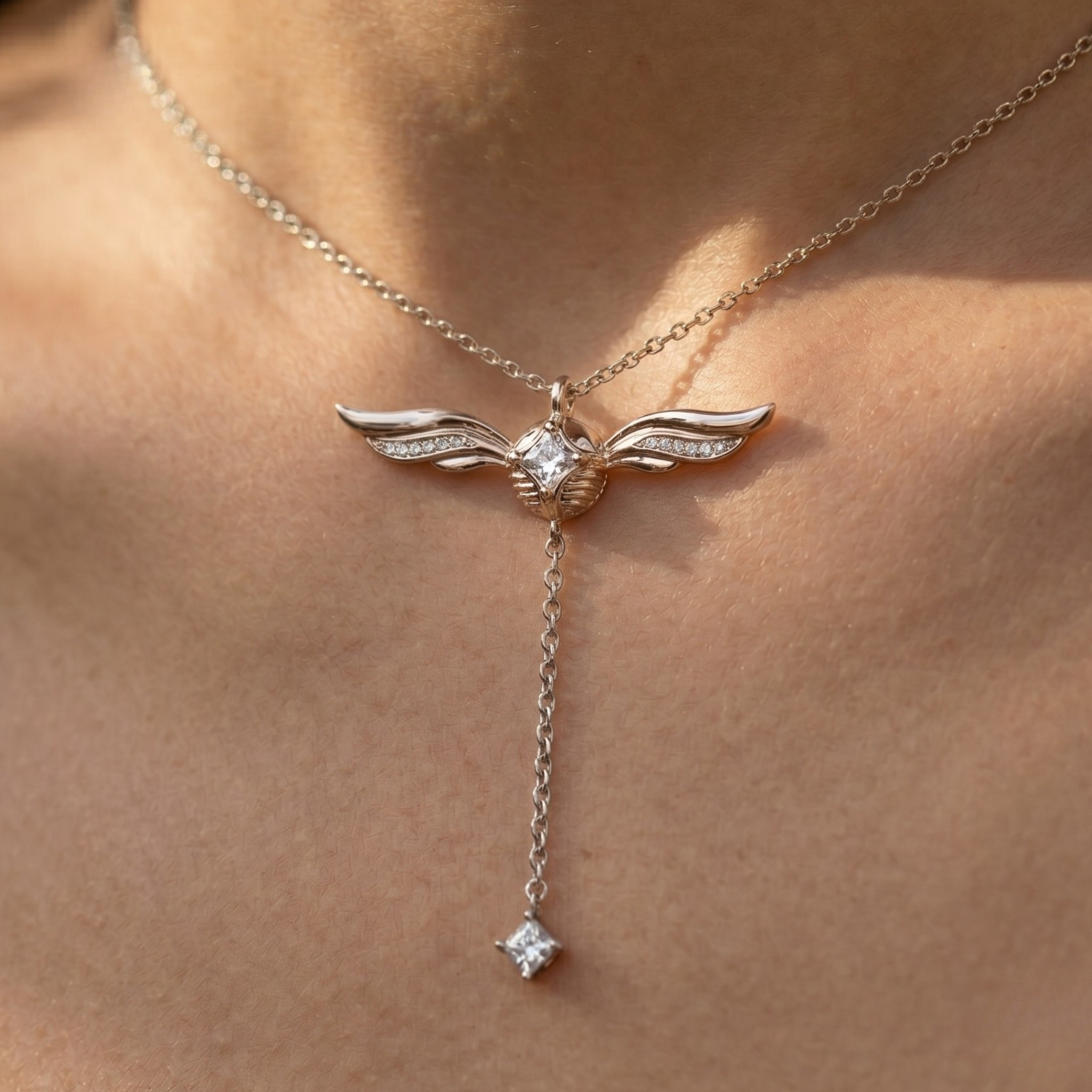 A close-up of a delicate silver-toned wing pendant necklace worn on a person's neck. The wing pendant has small clear stones set along the edges and hangs from a chain with a dangling star-shaped clear gemstone at the end.