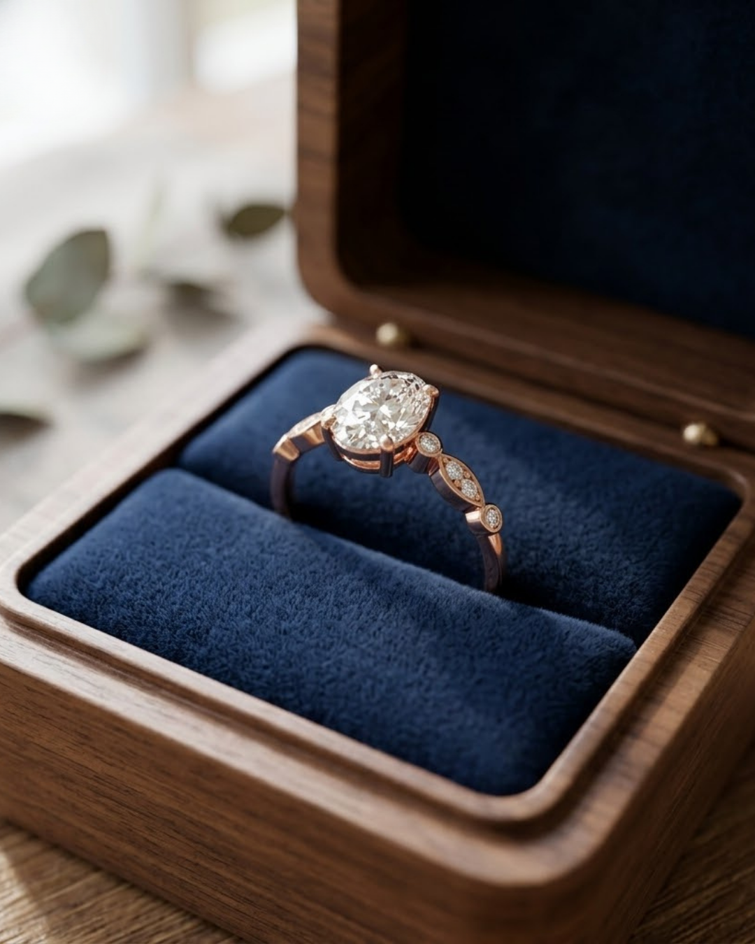 Kiashaa Jewellery 1 carat oval diamond ring in rose gold with an elegant nature-inspired openwork setting.
