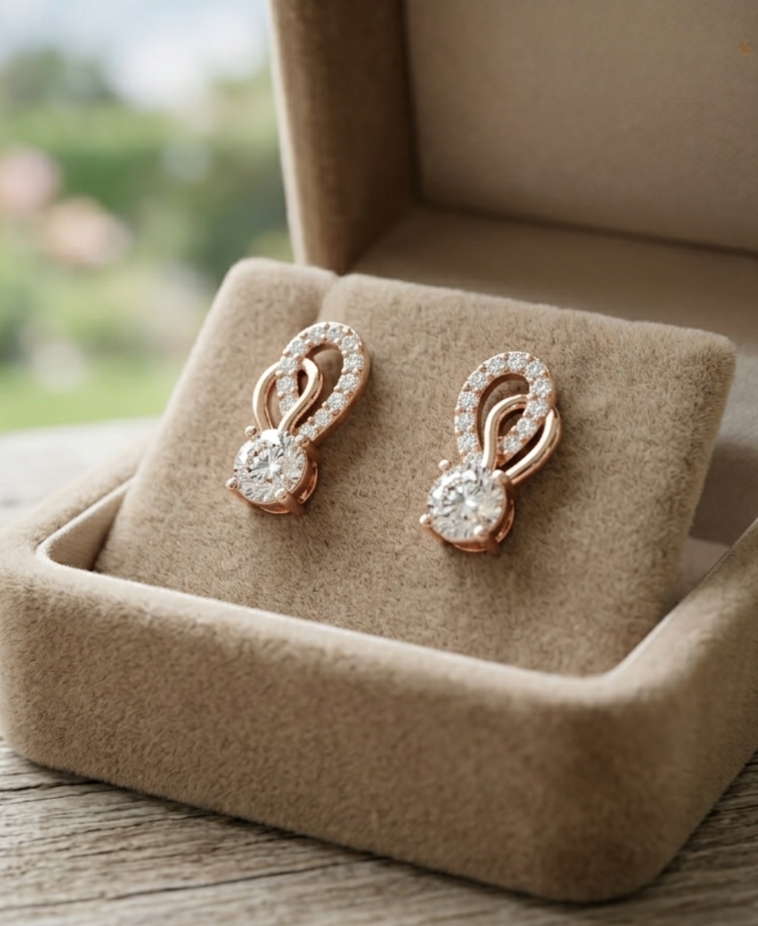 Side-angle view of lab-grown diamond earrings with four-prong centre settings and open galleries.