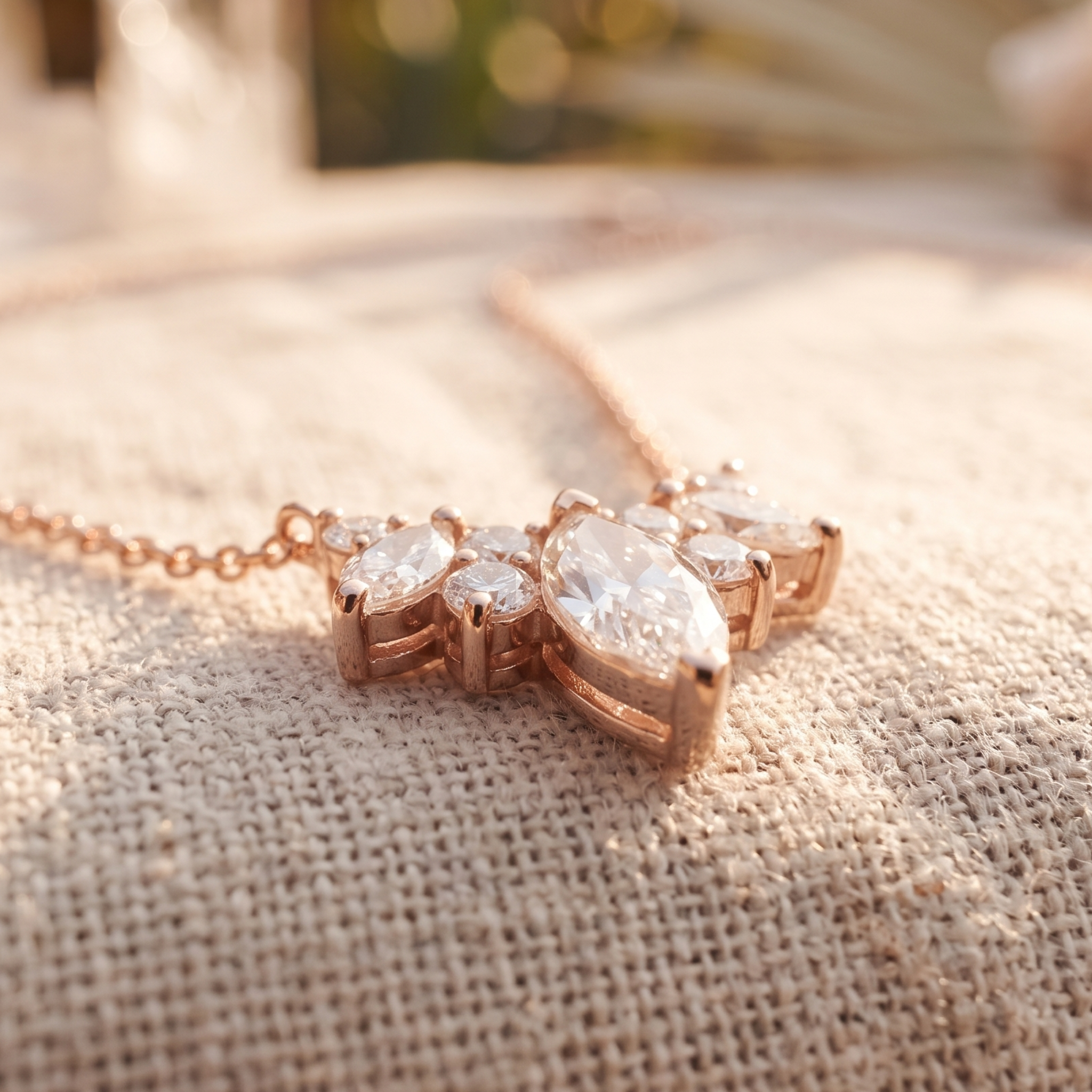 Kiashaa Jewellery 1.03 CTW marquise and round diamond cluster necklace in rose gold.