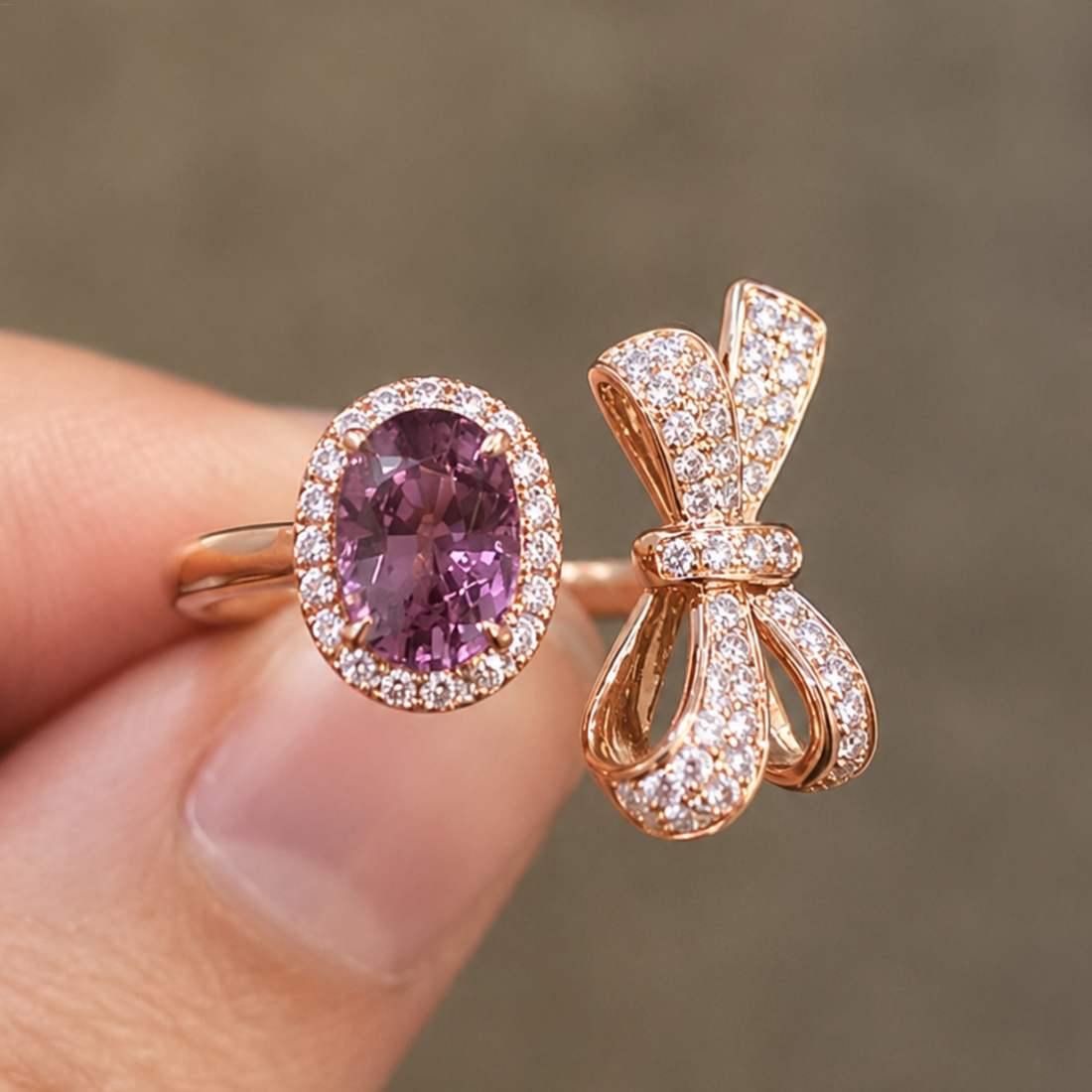 Rosette Bow 3 CTW pink oval diamond open ring by Kiashaa Jewellery in white gold with a bow-inspired diamond design.