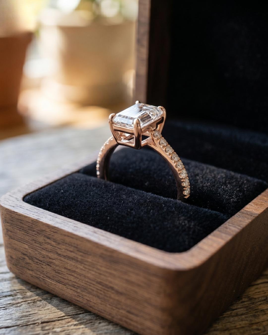Rose gold emerald and round diamond ring displayed in a jewellery box.