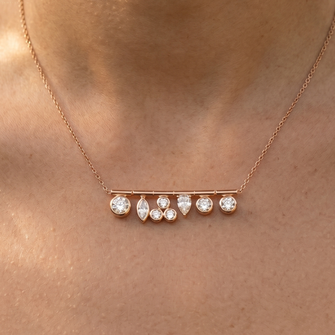 Celestial Cascade 1.30 CT Multi-Shape Diamond Bar Necklace