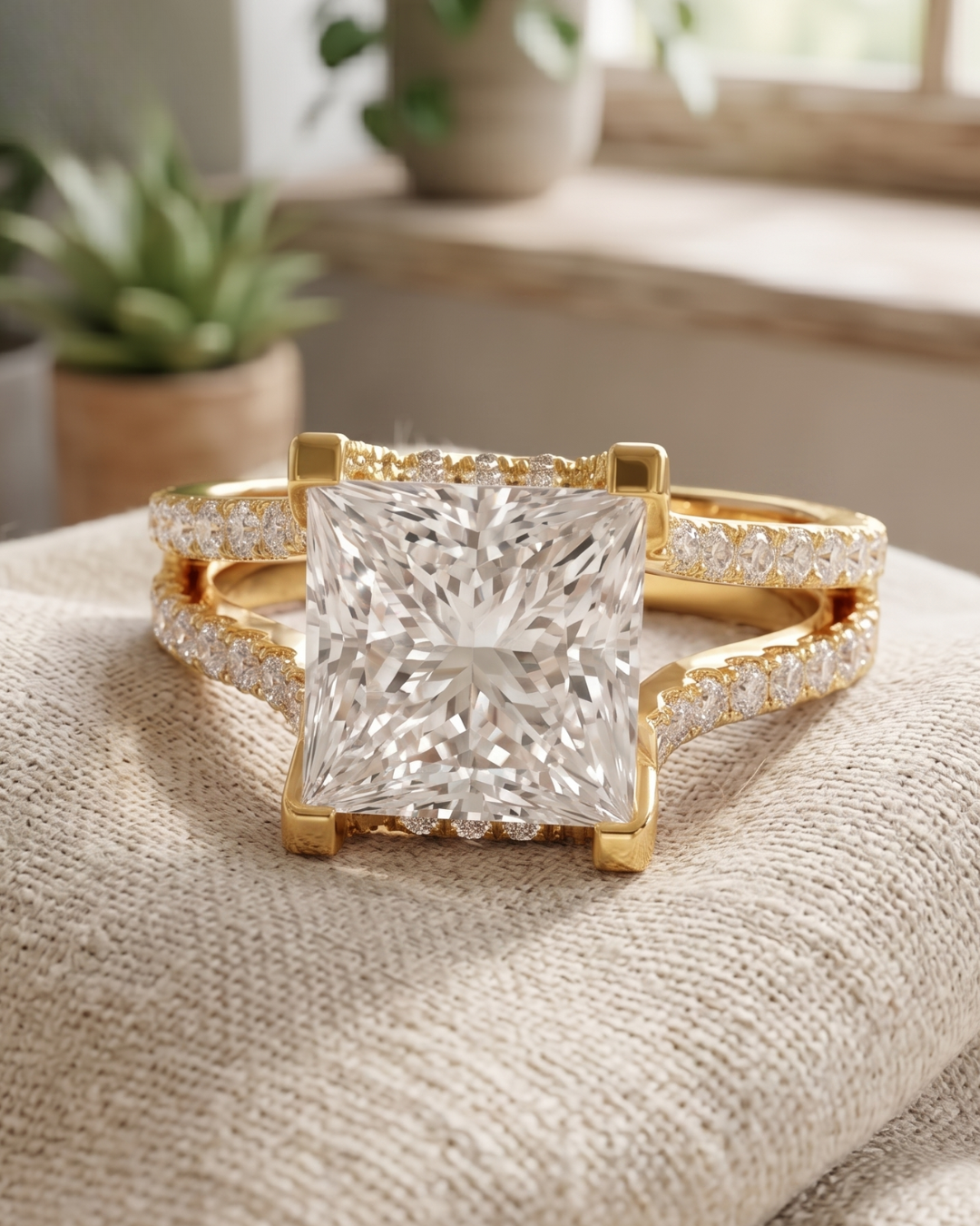 Handcrafted-style princess-cut lab-grown diamond ring by Kiashaa Jewellery with round pavé stones in rose gold.