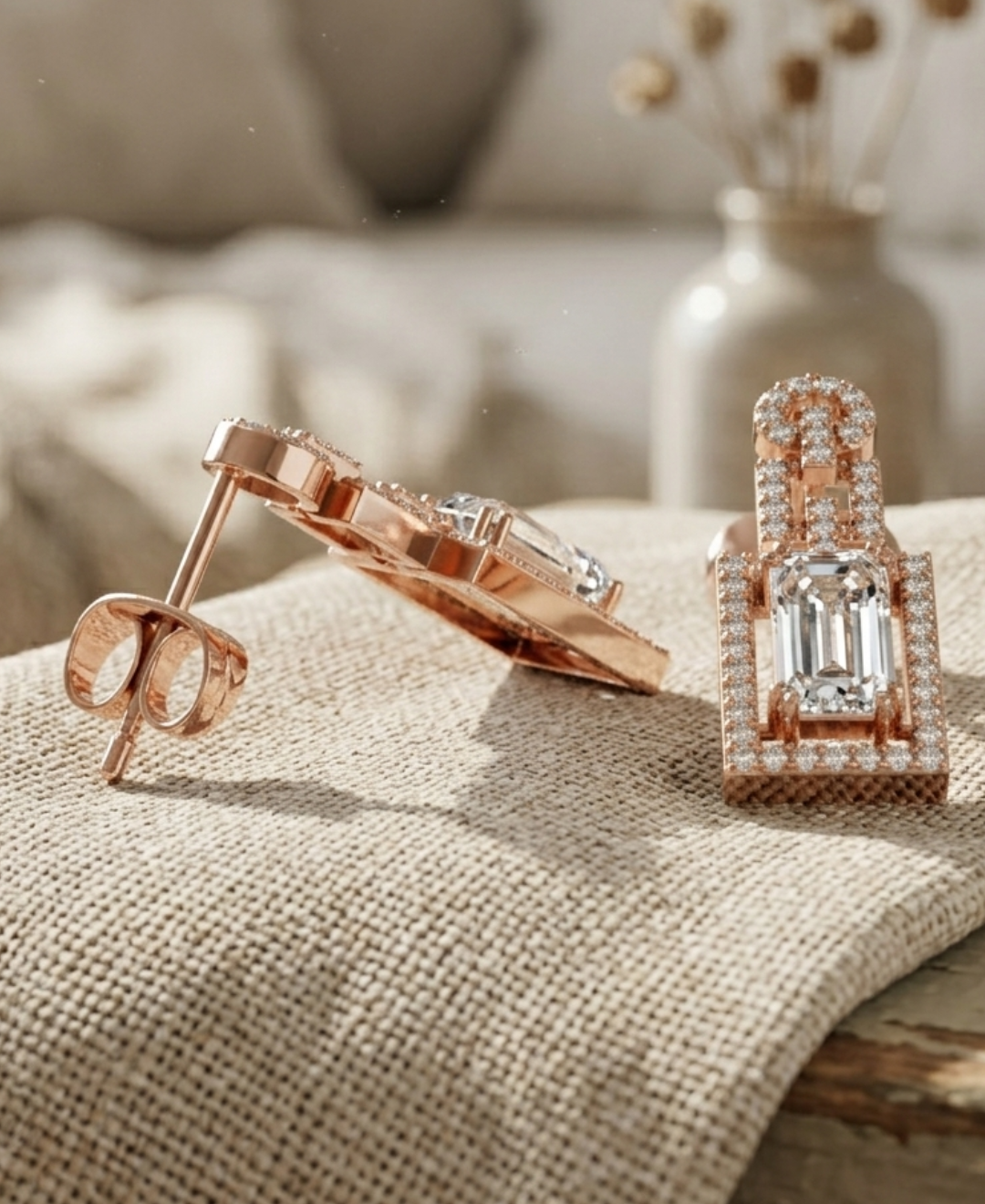Side-angle view of rose gold diamond earrings showing their open construction, straight posts, and push backs.