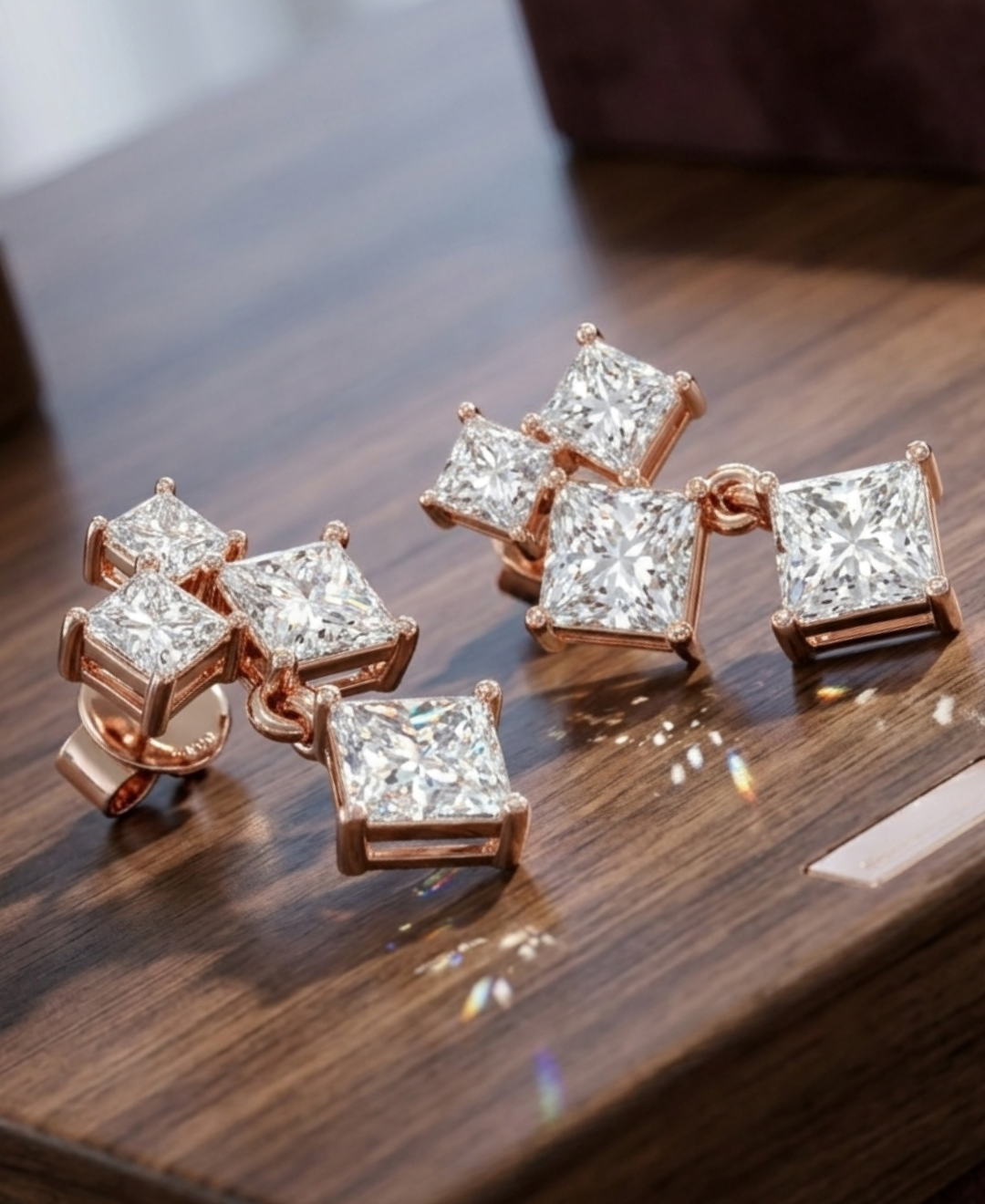 Luxury square-cut diamond earrings by Kiashaa Jewellery with asymmetrical clusters and movable lower drops.