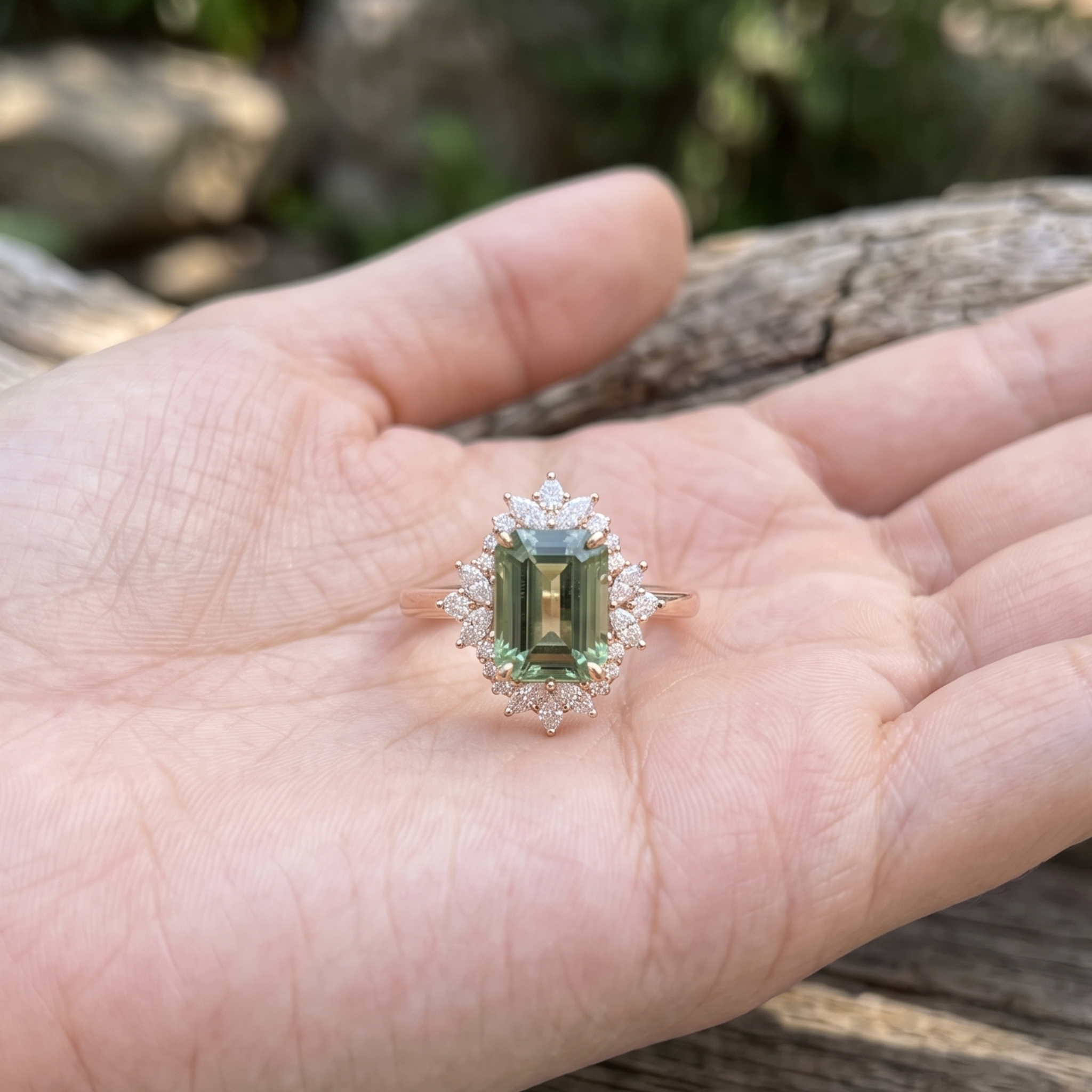Verdant Majesty 4.372 CTW Emerald, Marquise & Round Diamond Halo Ring in 9K, 14K & 18K Gold