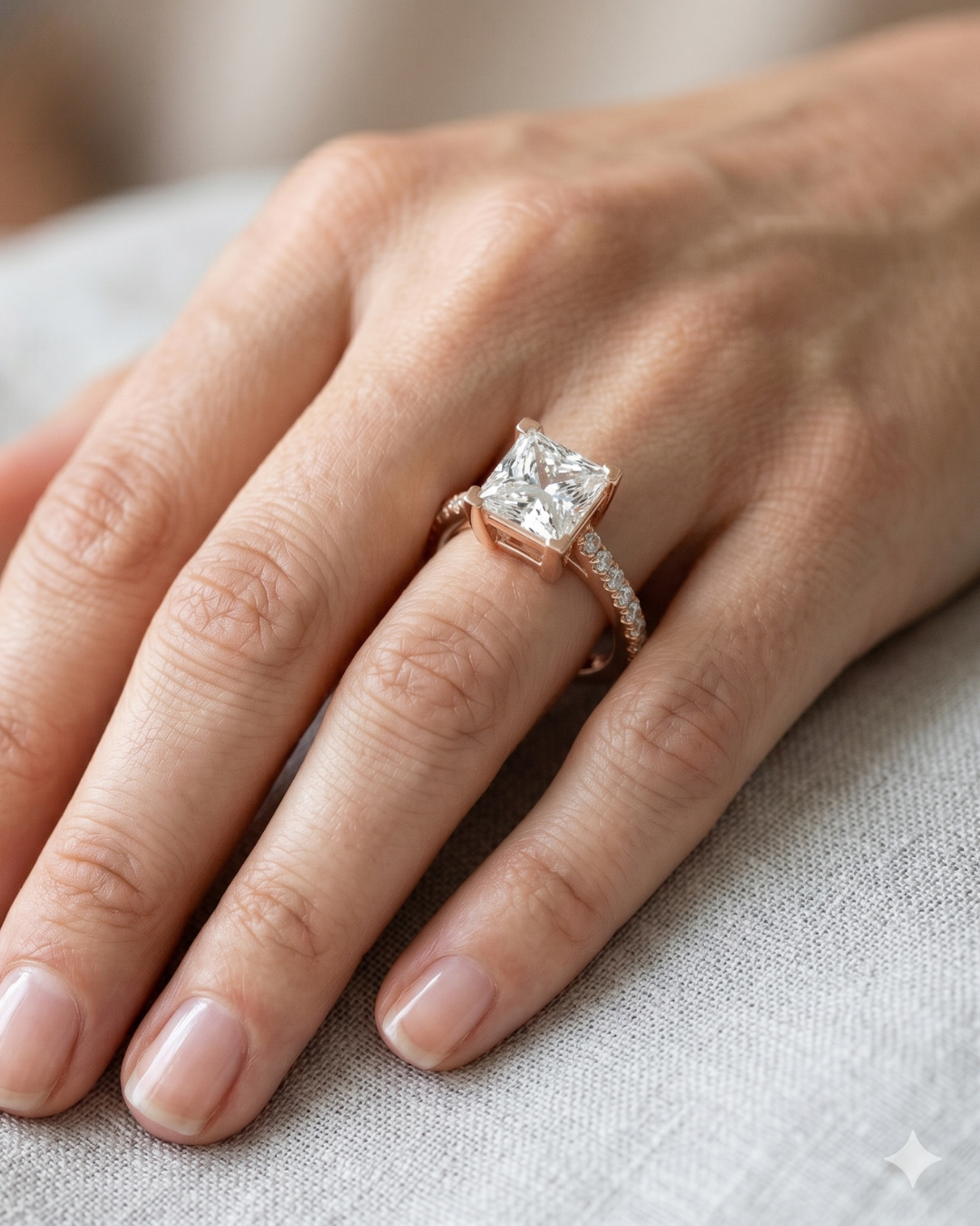 Kiashaa Jewellery princess lab-grown diamond solitaire ring in rose gold with delicate round diamond detailing.