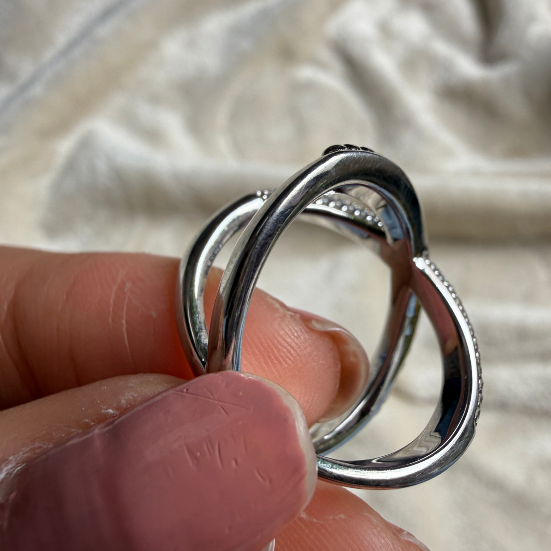 Criss-cross lab-grown diamond X ring in white gold by Kiashaa Jewellery.