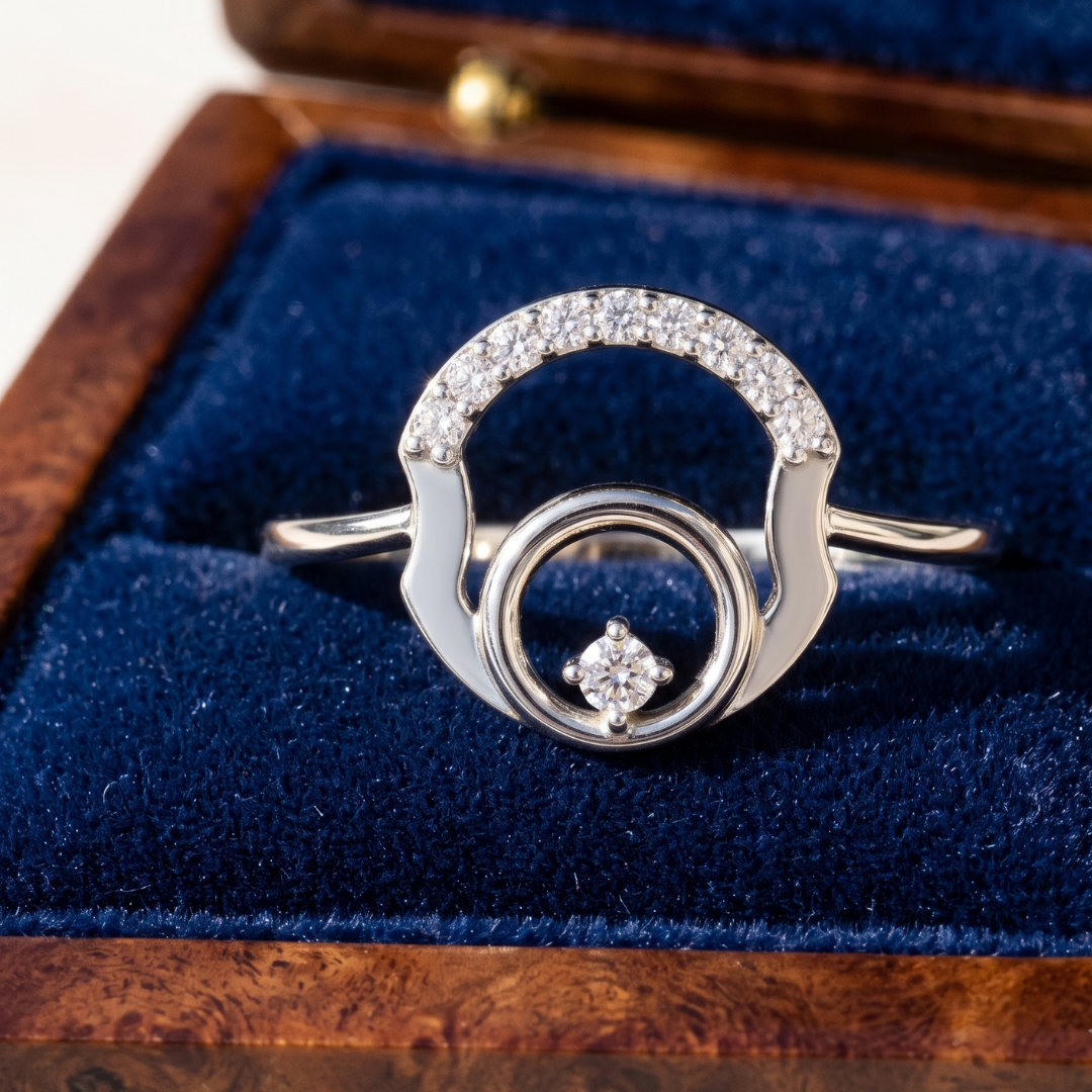 A silver ring with a circular arch set with small clear stones and a central diamond accent, displayed on a blue velvet ring box.