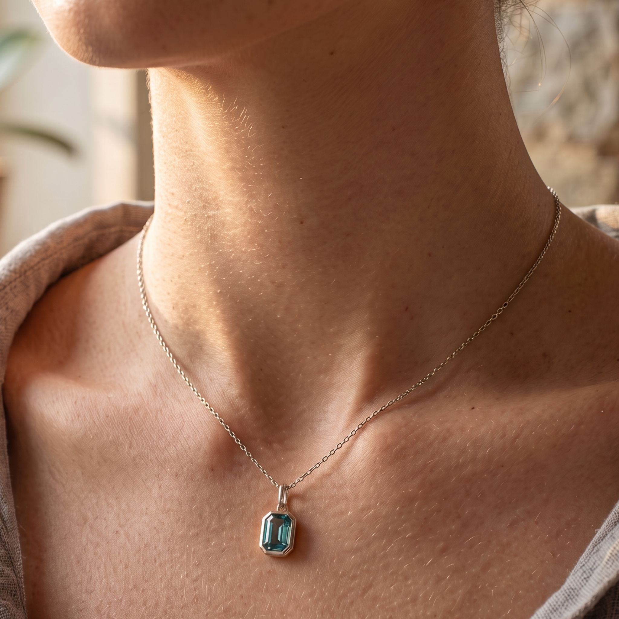 1.73 CT teal emerald-cut pendant necklace in polished yellow gold.
