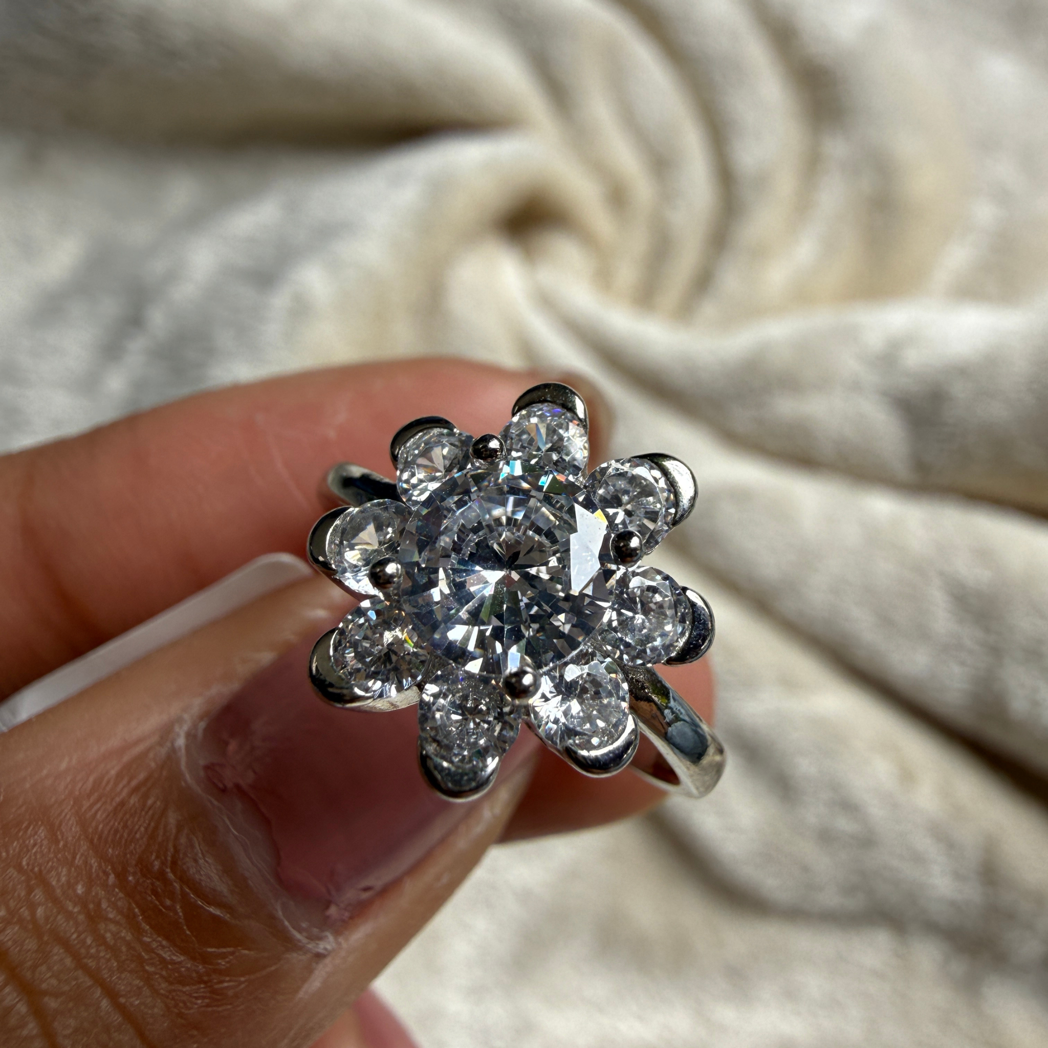 Round floral lab-grown diamond cluster ring in white gold by Kiashaa Jewellery.