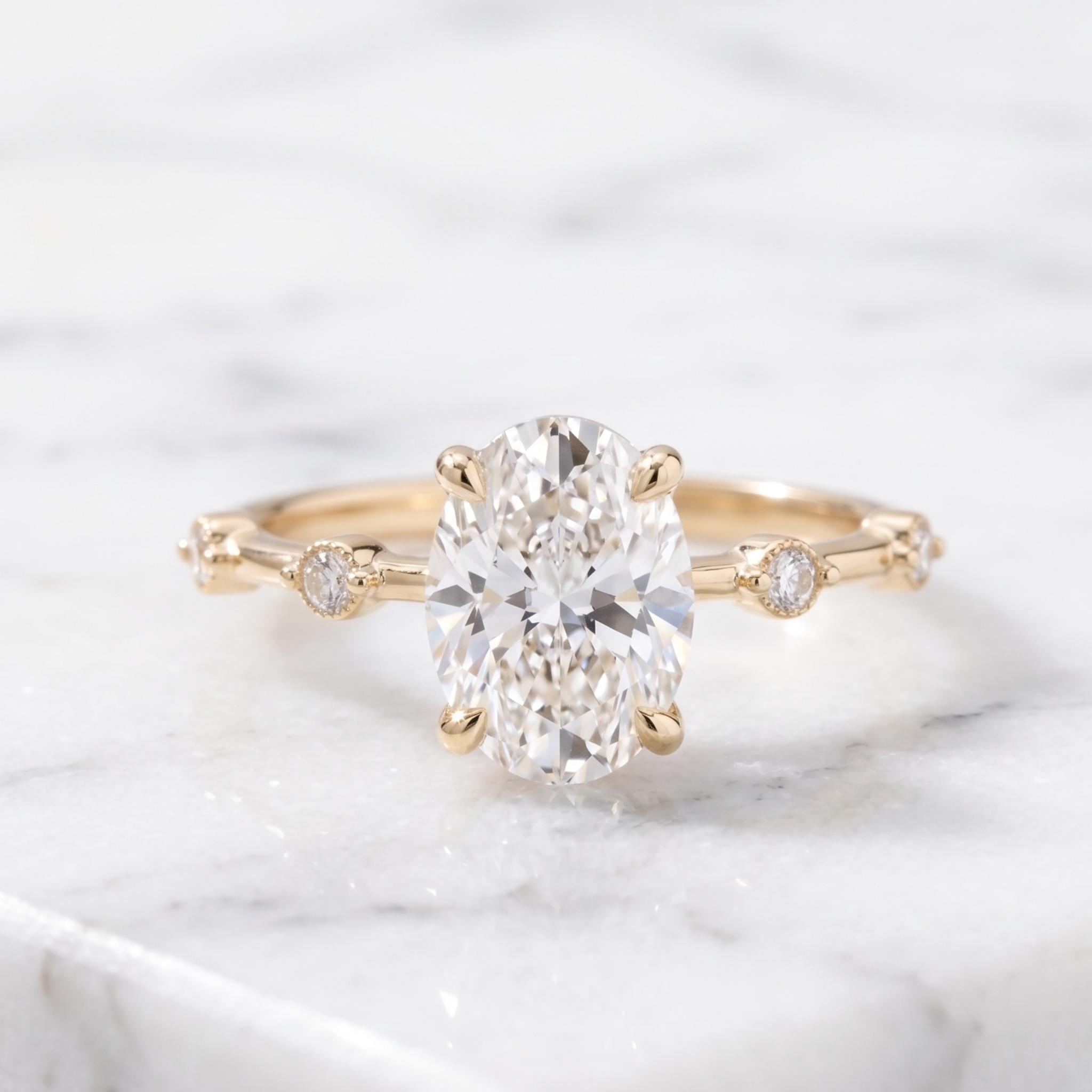 Large oval diamond proposal ring with floating diamond band