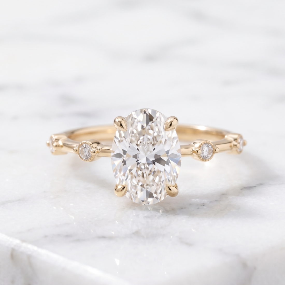 Large oval diamond proposal ring with floating diamond band