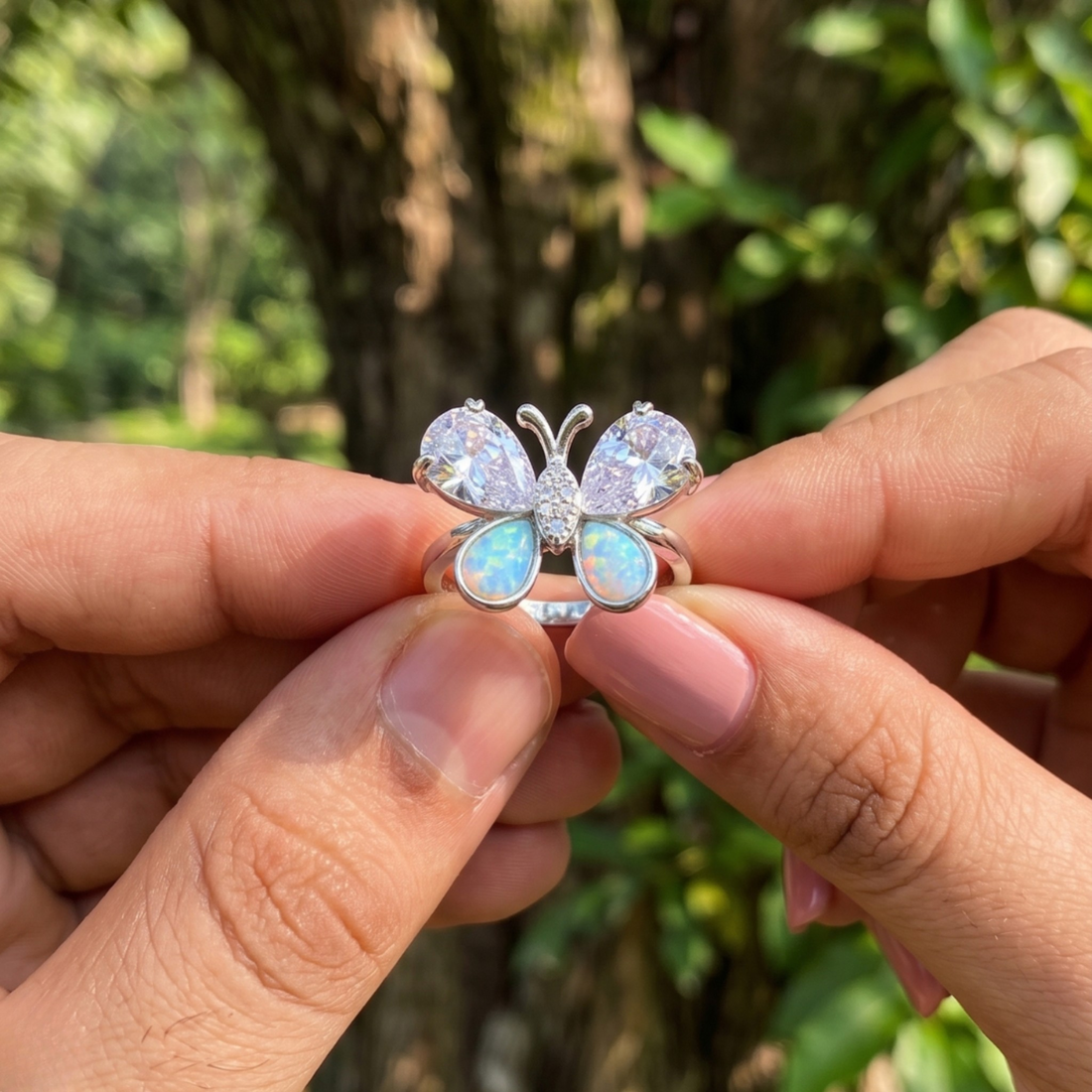 Nature-inspired butterfly ring featuring pear-shaped lab-grown diamonds and opal gemstones.