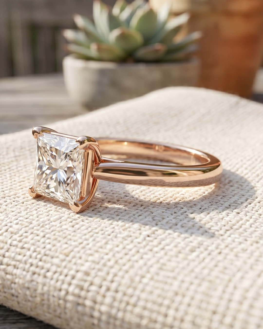 Kiashaa Jewellery princess-cut diamond solitaire ring in rose gold featuring a brilliant lab-grown center stone.