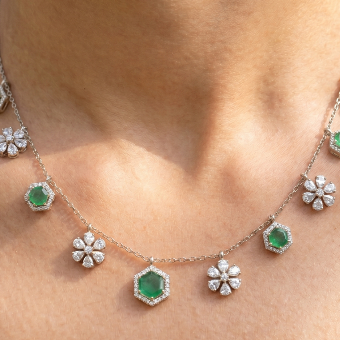 Verdant Bloom 5 CT Diamond & Green Gemstone Charm Necklace