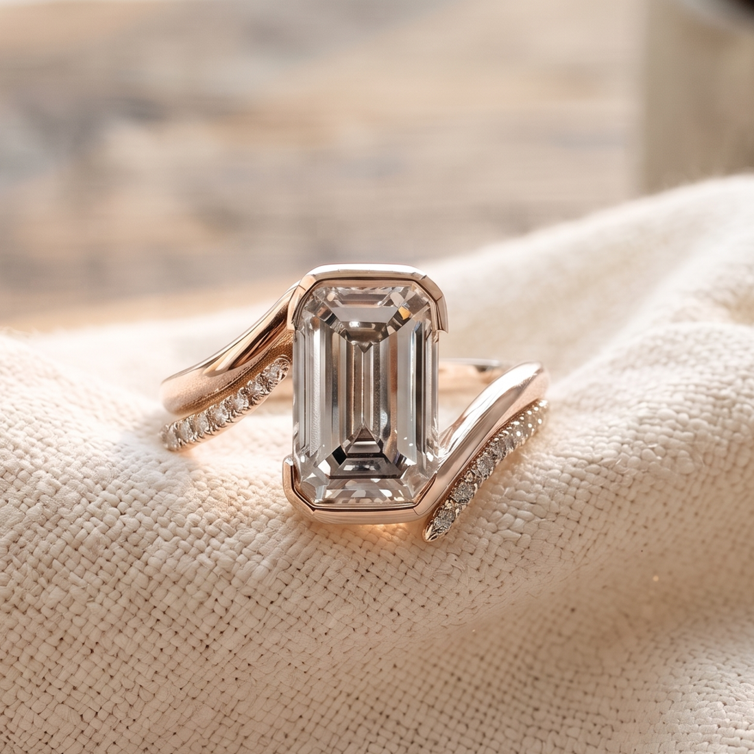 2 CT Emerald-Cut Diamond Bypass Ring with Pavé Accents in 14K & 18K Gold