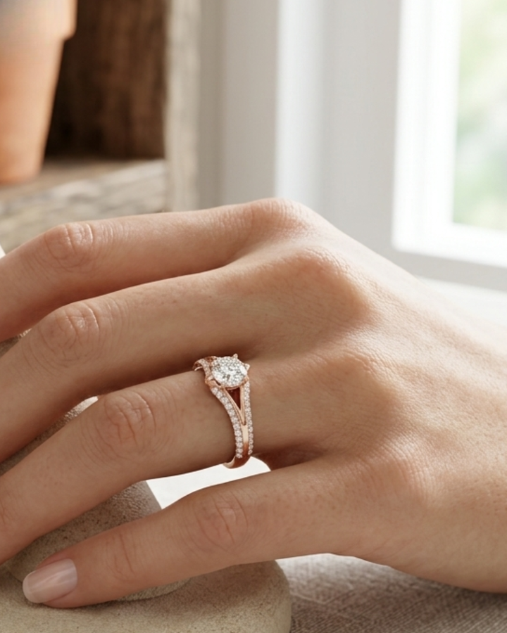 Premium 1 carat round diamond ring by Kiashaa Jewellery in rose gold for weddings and anniversary gifting.