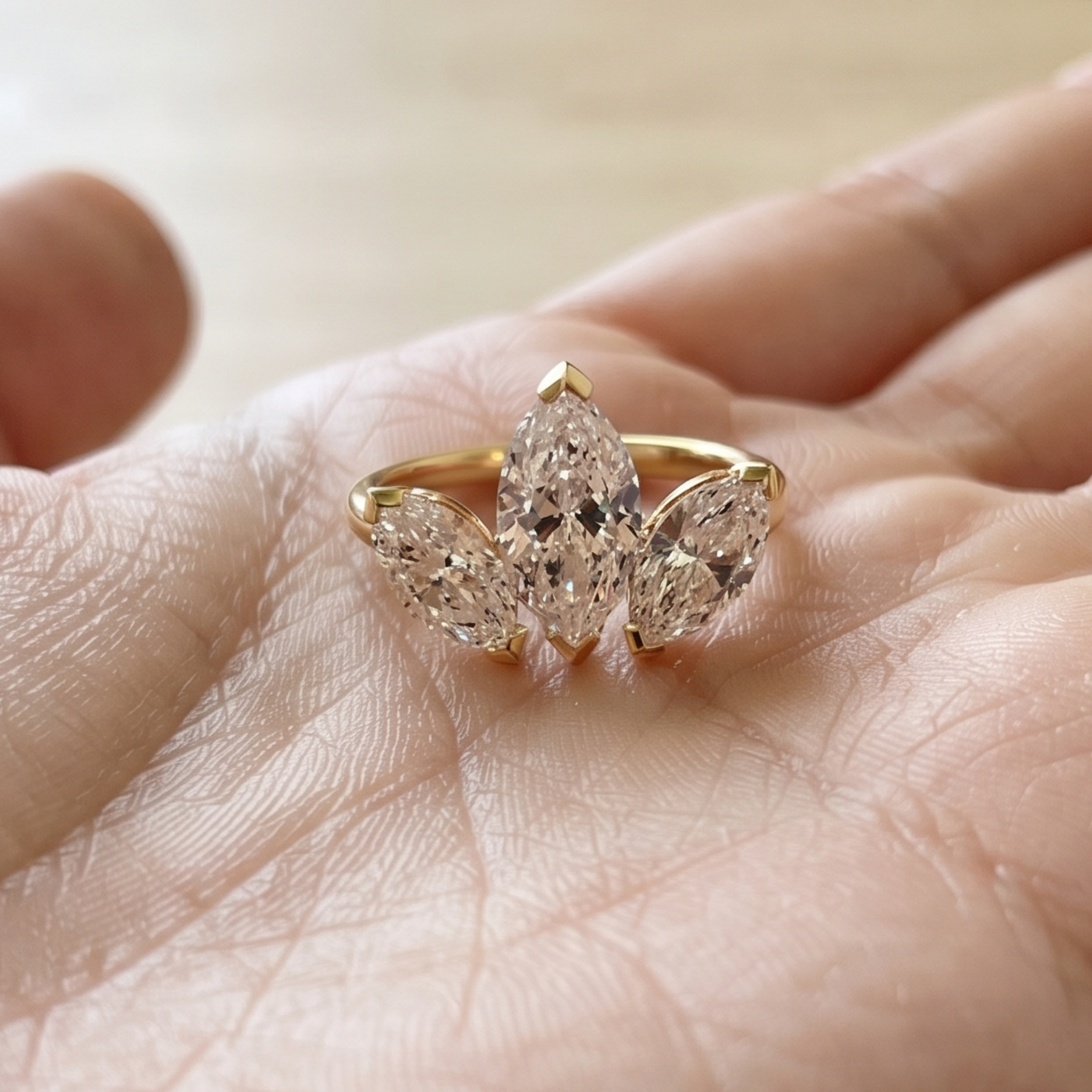  Close-up of a three-marquise diamond ring with delicate prong settings.