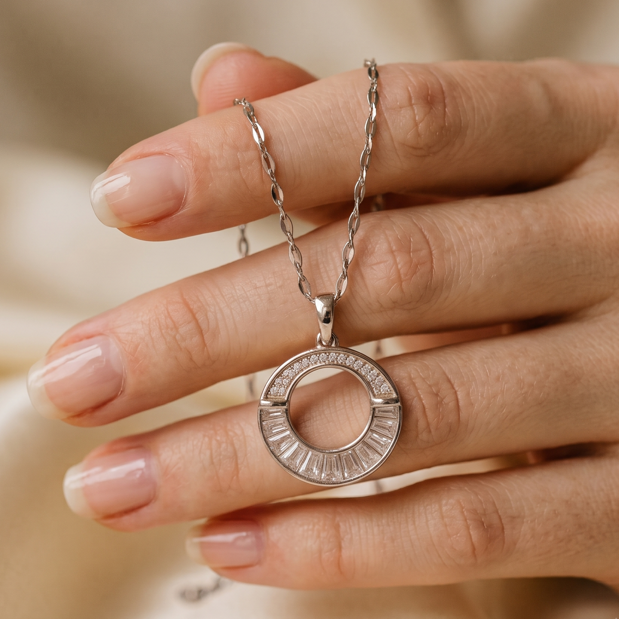 Eternal Halo 1.24 CTW Round & Baguette Diamond Circle Pendant Necklace