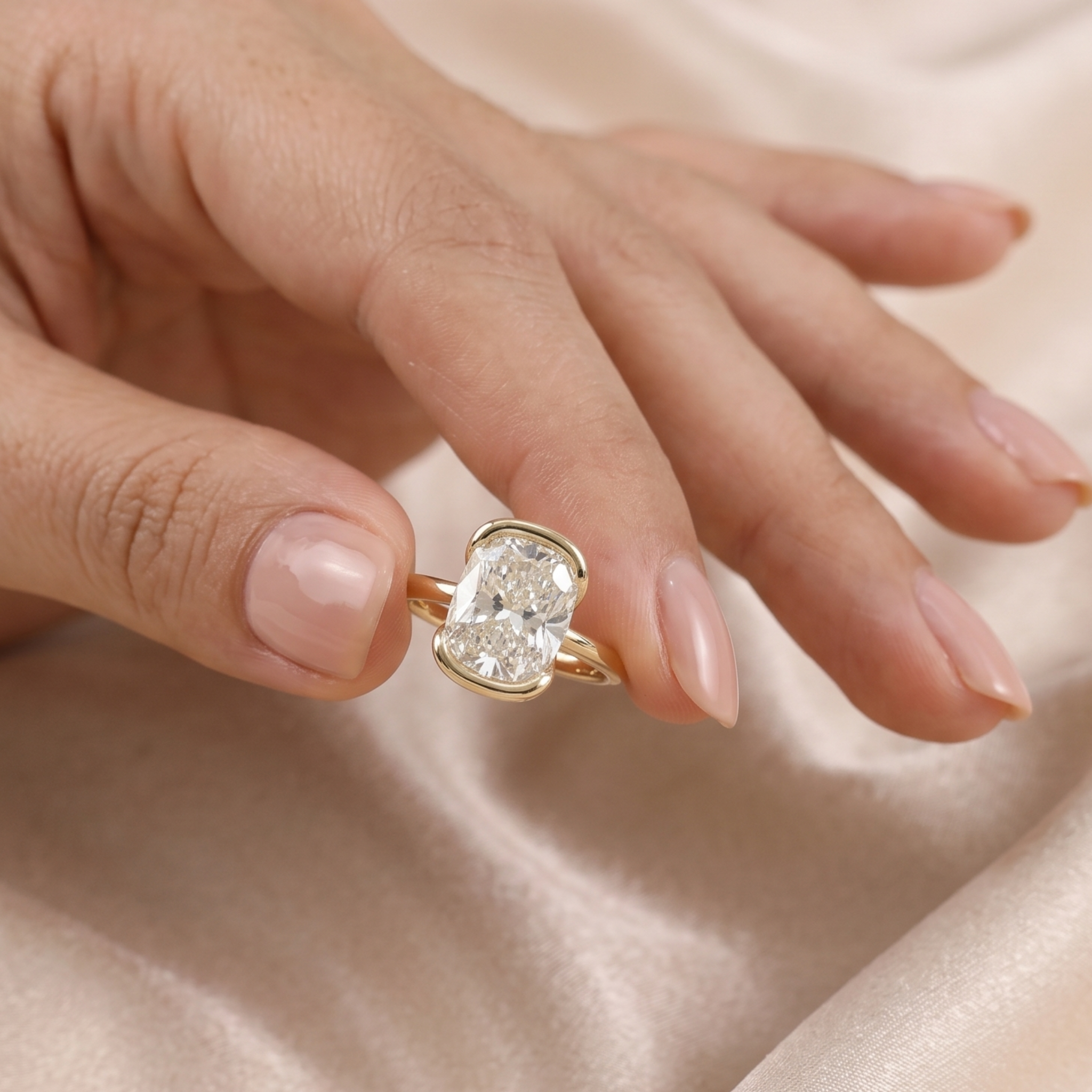 Minimalist oval solitaire diamond ring with sculptural gold setting