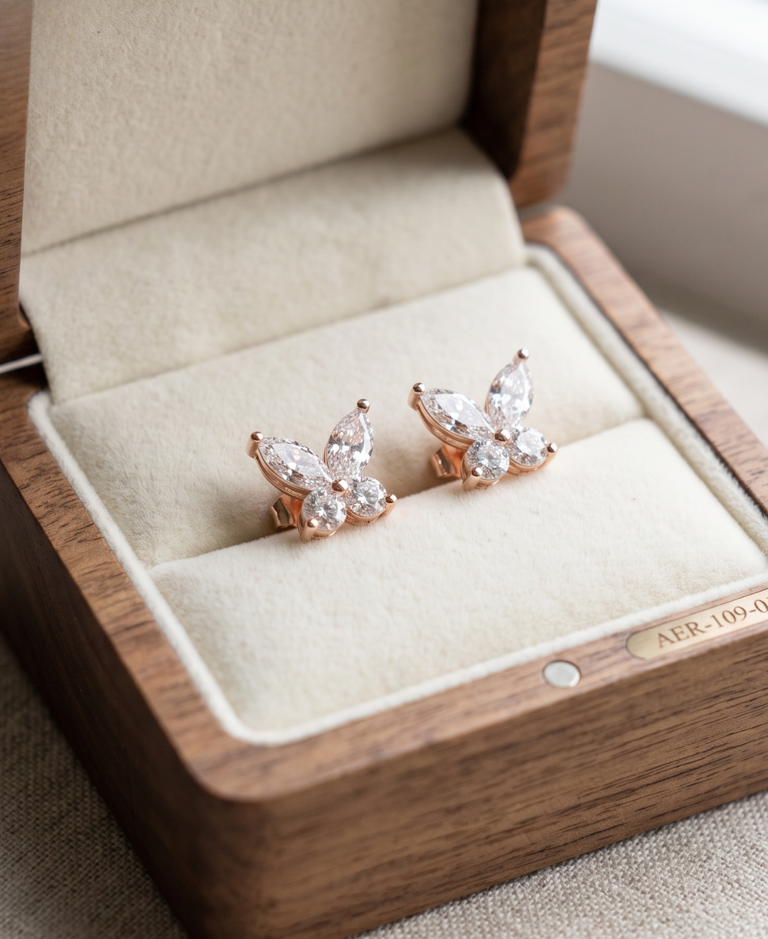 Ladies butterfly diamond stud earrings with push-back closures in rose gold.