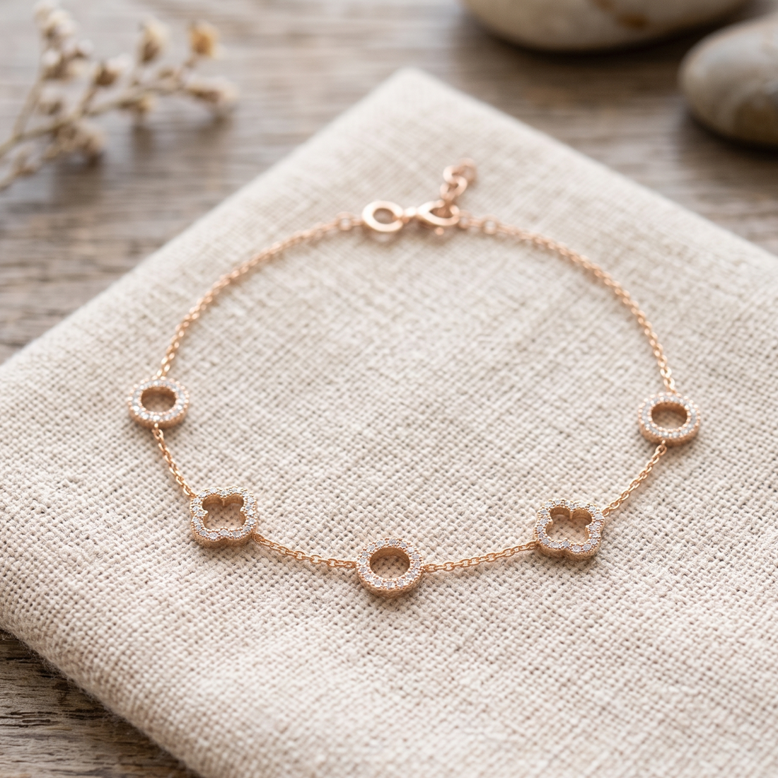 Kiashaa Jewellery 0.875 CTW diamond clover station bracelet in polished yellow gold.