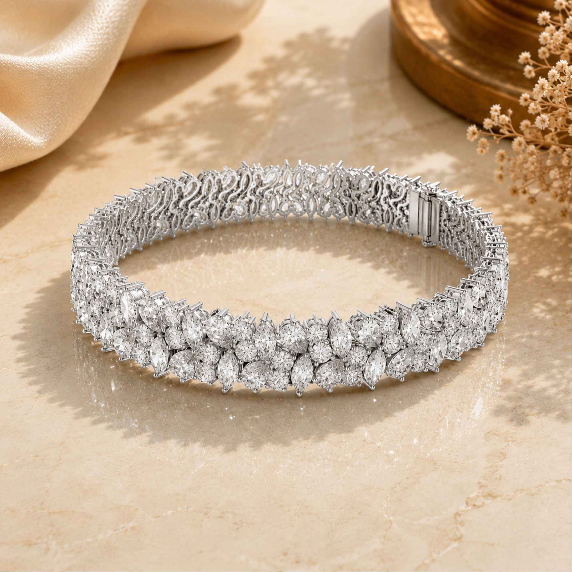 A sparkling diamond tennis bracelet in a silver-toned setting, displayed on a beige marble surface with elegant fabric and dried flowers in the background.