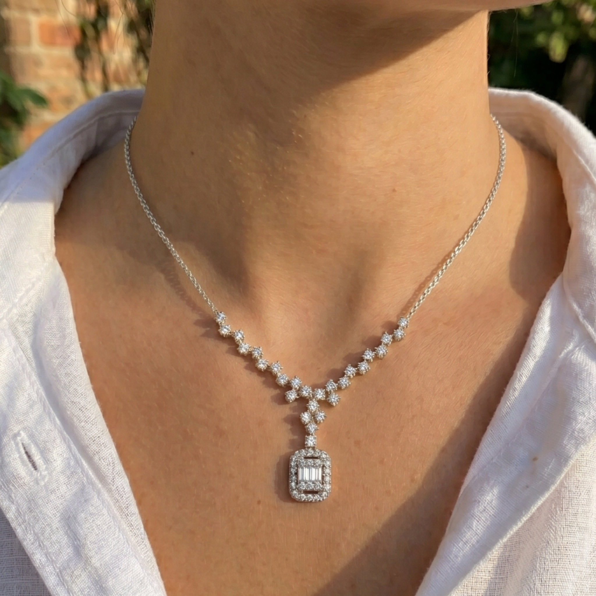 Celestial Cascade 2.50 CTW Round & Baguette Diamond Drop Necklace
