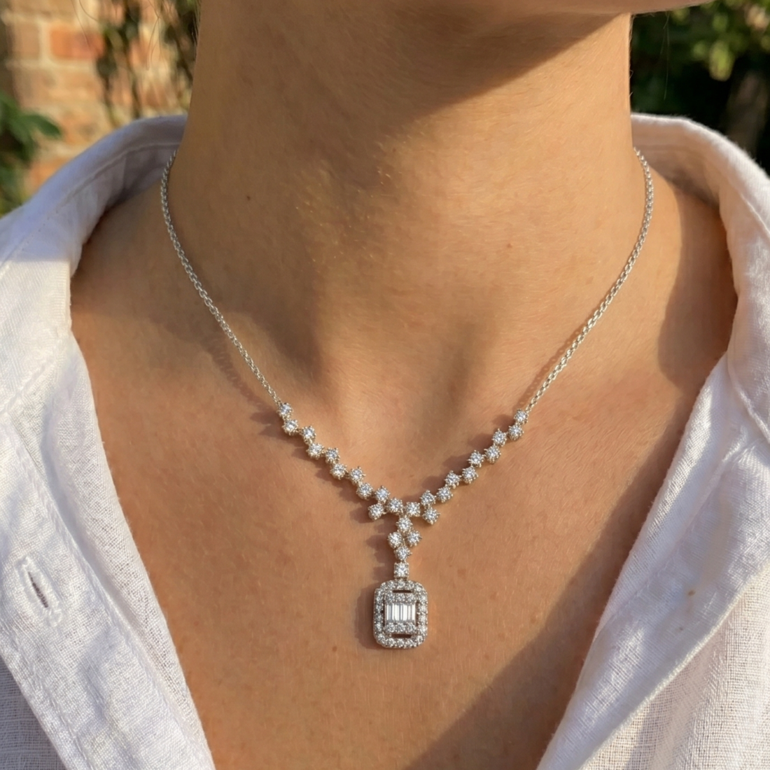 Celestial Cascade 2.50 CTW Round & Baguette Diamond Drop Necklace