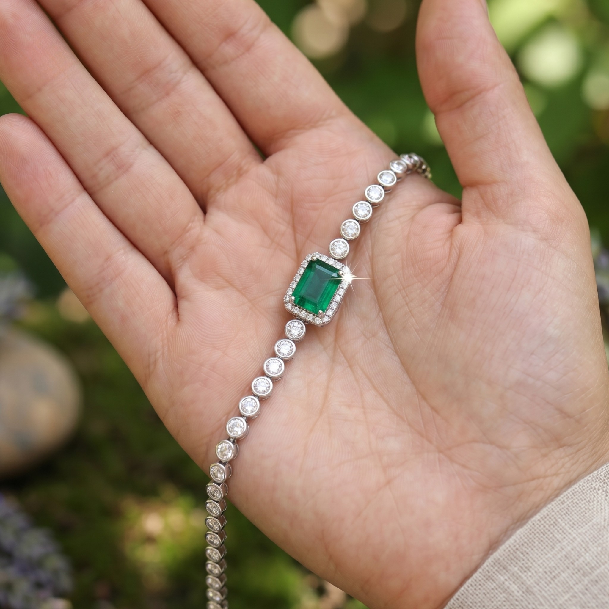 5.00 CT green gemstone and diamond tennis bracelet in yellow gold by Kiashaa Jewellery.