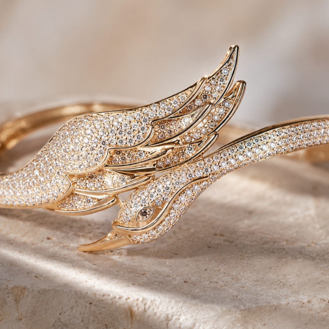 Celeste Swan Wing 2 CTW diamond open ring by Kiashaa Jewellery in rose gold with a bird-inspired wing and head design.