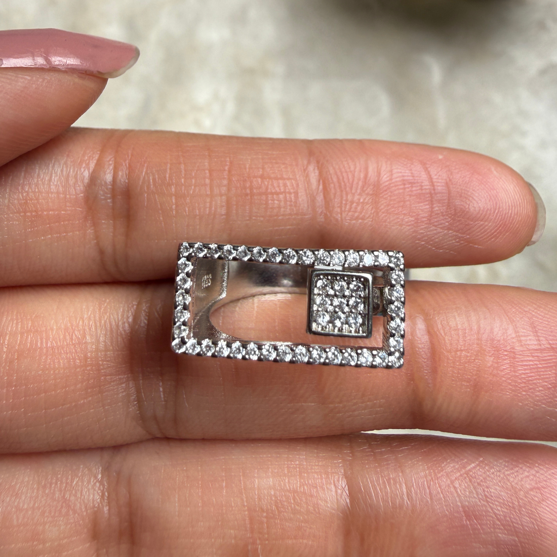 Geometric lab-grown diamond open rectangle ring in white gold by Kiashaa Jewellery.