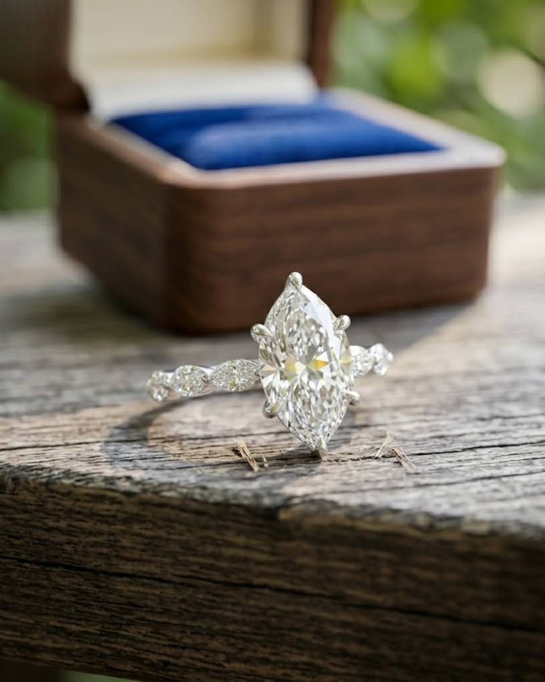 Kiashaa Jewellery marquise-cut lab-grown diamond ring in rose gold with graceful leaf-inspired diamond accents.