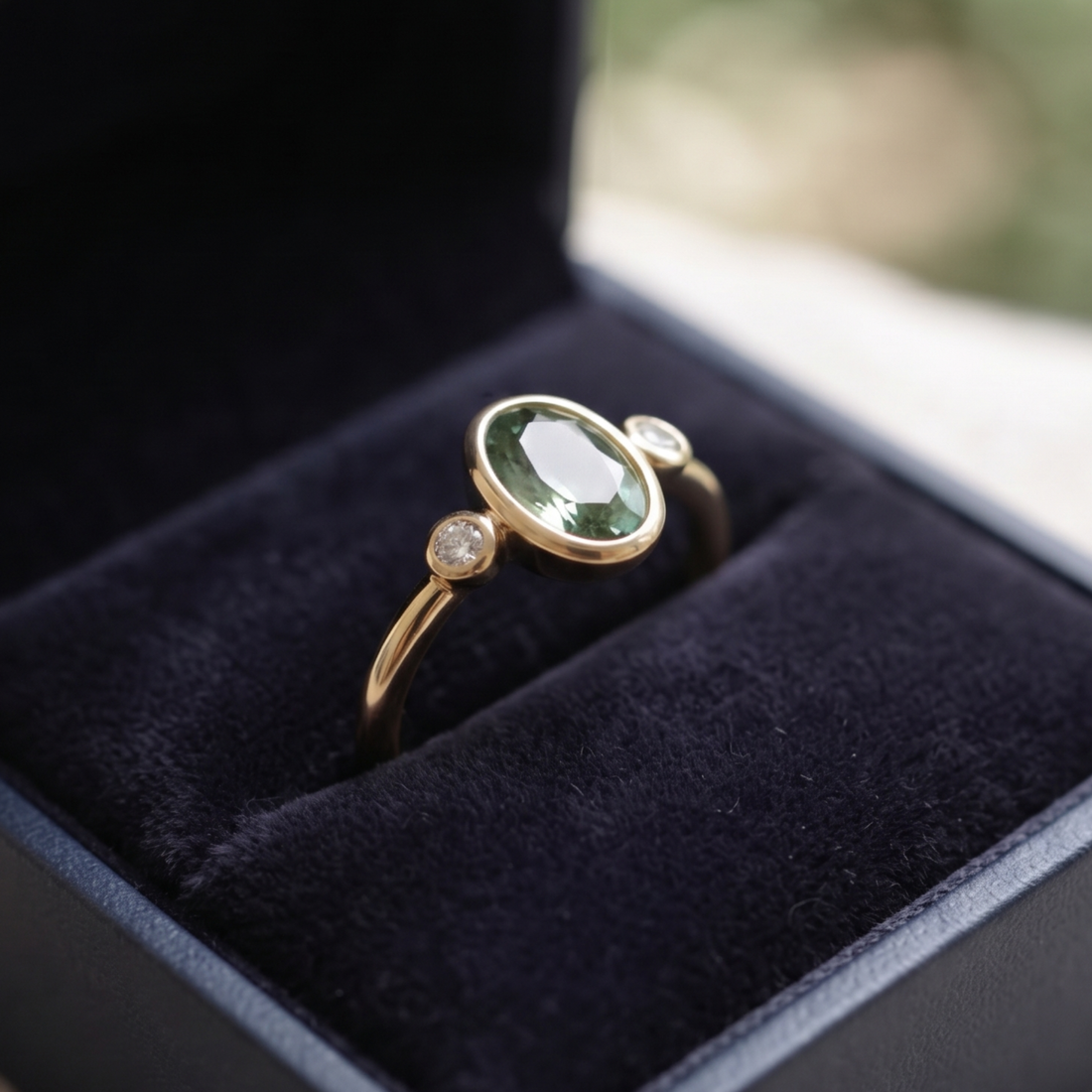 2 CT Oval Green Gemstone Three-Stone Bezel Ring with 0.24 CTW Diamond Accents in 14K & 18K Gold