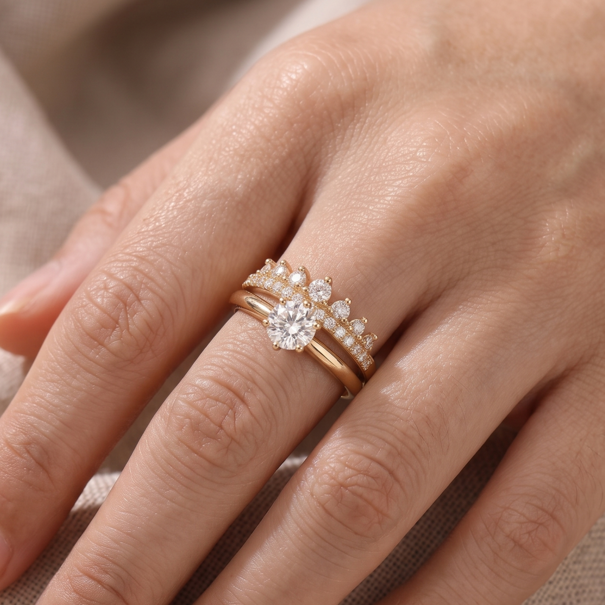 A close-up of a hand wearing a gold ring set with a large round clear center stone and smaller clear stones along the band, photographed against soft neutral fabric.