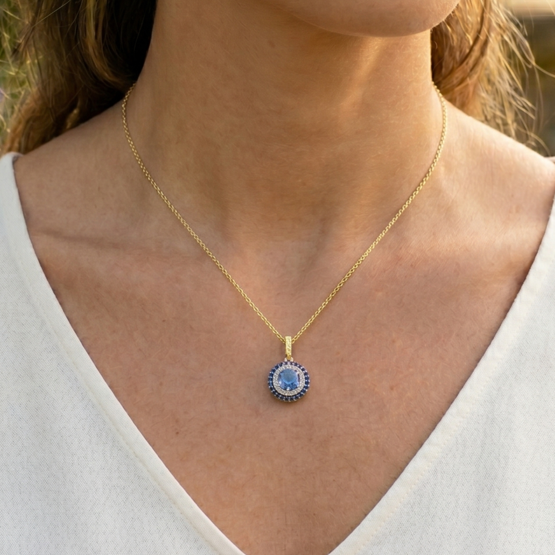 Royal Azure 1.30 CT Blue Stone & Diamond Halo Necklace in 9K, 14K & 18K Gold